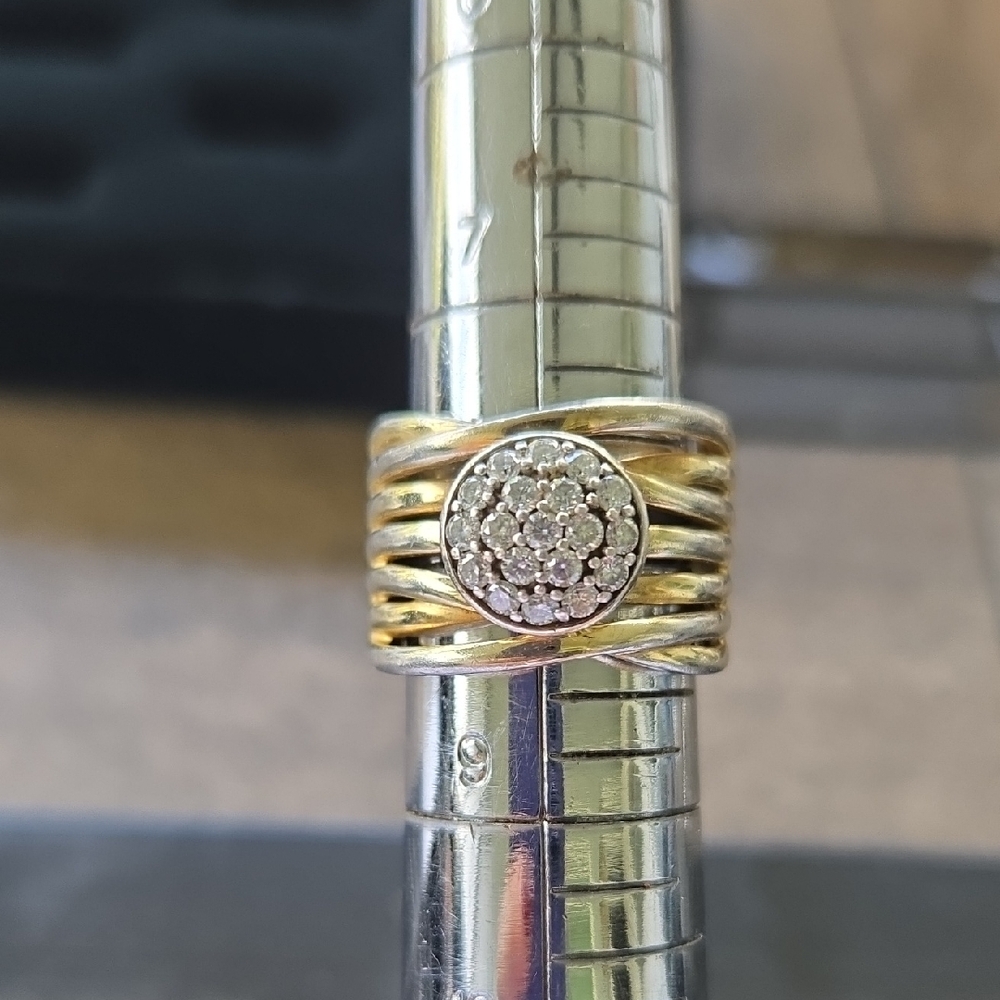 925 Sterling Silver Gold-Tone Pavé Cluster Ring with Band Detail